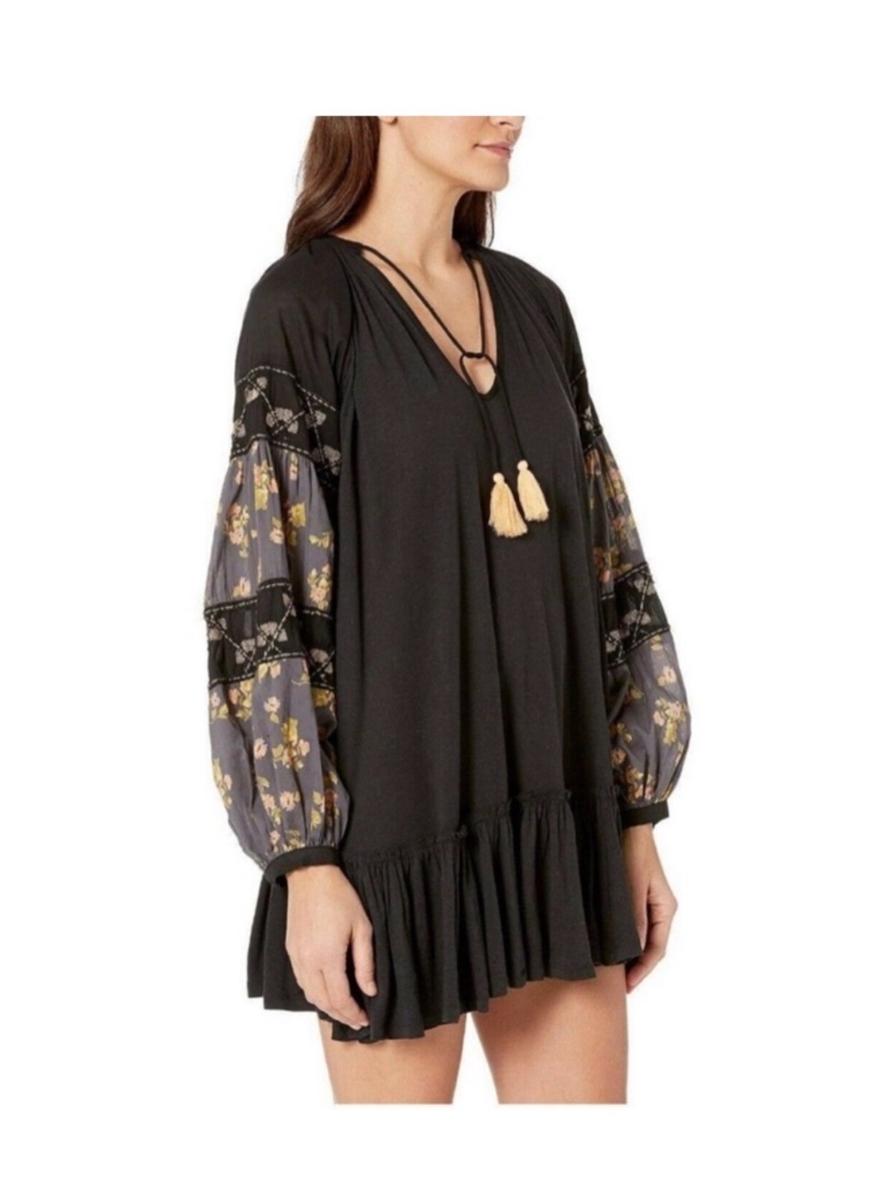 Free People Black Tunic with Floral Sheer Sleeves and Tassels